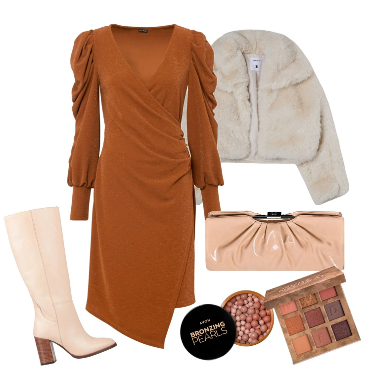 Outfit donna - F di fascino. Stile Trendy per Serata fuori. Abbinamento con vestiti, stivali, ombretti, blush, blazer, pochette.