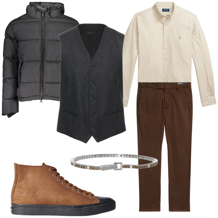 Outfit uomo - La mostra. Stile Trendy per Serata speciale. Abbinamento con gilet, braccialetti, sneakers, pantaloni, camicie, giacche.