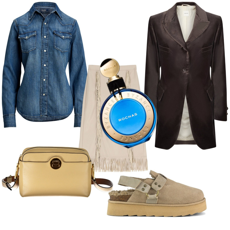Outfit donna - Total look #2016414. Stile Trendy per Tutti i giorni. Abbinamento con profumi, gonne longuette, camicie, blazer, sabot, borse a tracolla.