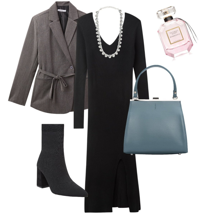 Outfit donna - Elegante con il vestito. Stile Bon Ton per Serata fuori. Abbinamento con profumi, collane, vestiti lunghi, stivaletti, blazer, clutch.
