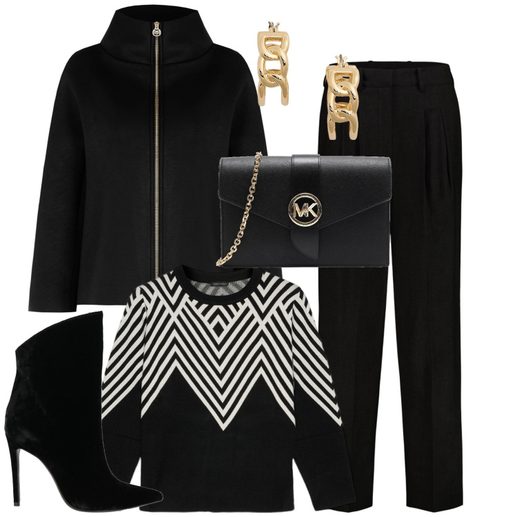 Outfit donna - Dicembre. Stile Chic per Tutti i giorni. Abbinamento con stivaletti, borse a tracolla, maglieria, cappe, orecchini, pantaloni.