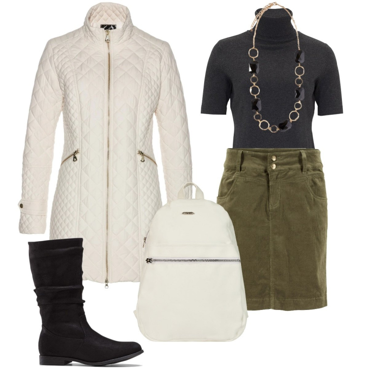 Outfit donna - Il piumino bianco. Stile Casual chic per Tutti i giorni. Abbinamento con blazer, gonne lunghe, maglieria, stivali, zaini, collane.