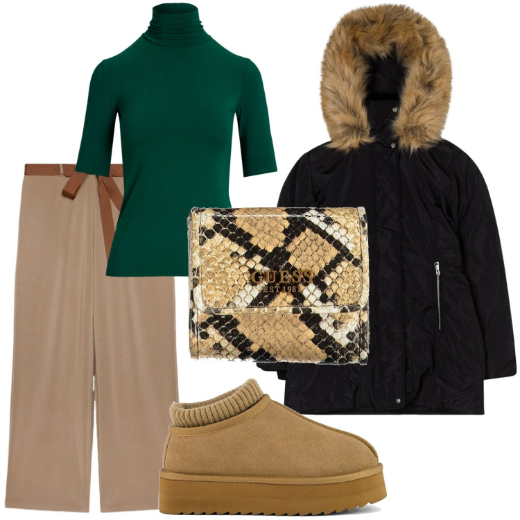 Outfit donna - L\'accessorio pitonato. Stile Glamour per Tutti i giorni. Abbinamento con parka, maglieria, sabot, pantaloni, portafogli.