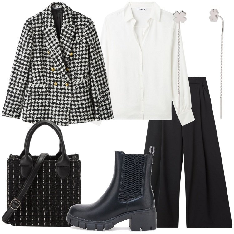 Outfit donna - Look power casual - Focus Donna Curvy. Stile Trendy per Tutti i giorni. Abbinamento con pantaloni, blazer, shopping bag, camicie, orecchini, stivaletti chelsea.