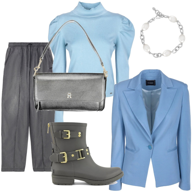 Outfit donna - Il blazer azzurro cielo. Stile Chic per Ufficio. Abbinamento con braccialetti, maglieria, blazer, jeans, stivali, borse a spalla.