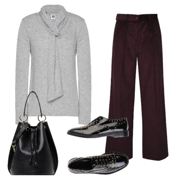 Outfit donna - Comodo e caldo. Stile Basic per Tutti i giorni. Abbinamento con pantalone made italy a coste vita alta in velluto, pullover con nodi in in maglia, scarpe stringate stringate con borchie in pelle, borsa a mano secchiello in pelle.