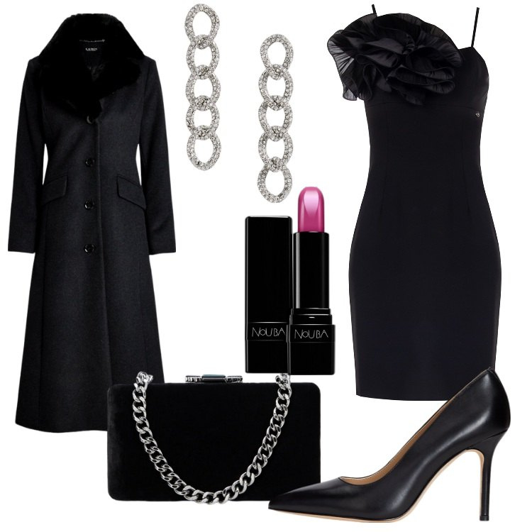Outfit donna - Chic in total black. Stile Chic per Serata fuori. Abbinamento con rossetti, vestiti lunghi, décolleté, cappotti, clutch, orecchini.