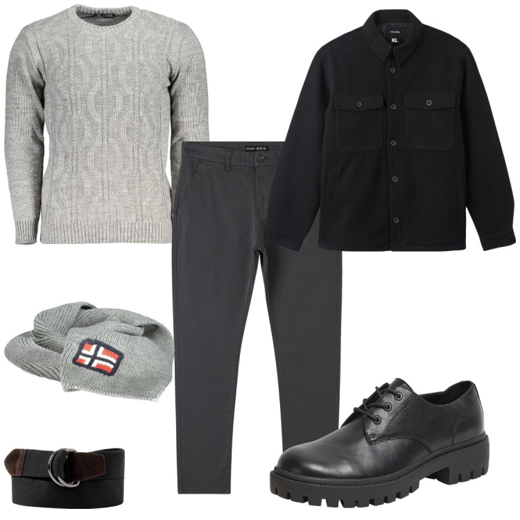 Outfit uomo - Low cost. Stile Trendy per Tutti i giorni. Abbinamento con pantaloni chino, scarpe stringate, cappotti, maglieria, sciarpe, cinture.