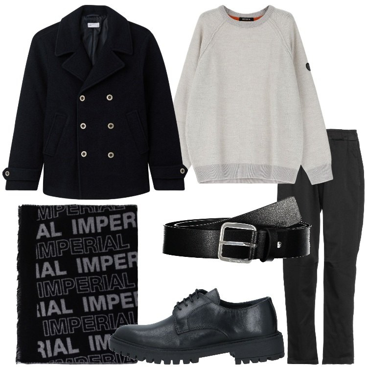 Outfit uomo - Strati e texture invernali. Stile Trendy per Tutti i giorni. Abbinamento con scarpe stringate, pantaloni, cappotti, sciarpe, pullovers, cinture.
