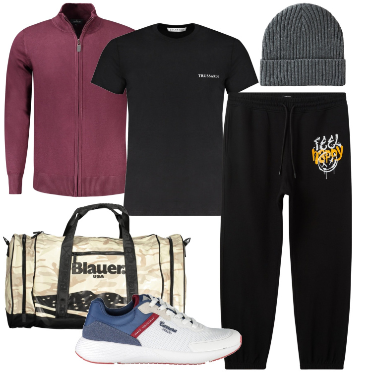Outfit uomo - Il jogger con stampa. Stile Casual per Sport. Abbinamento con pantaloni, berretti, sneakers, cardigans, borse sportive, t-shirt.
