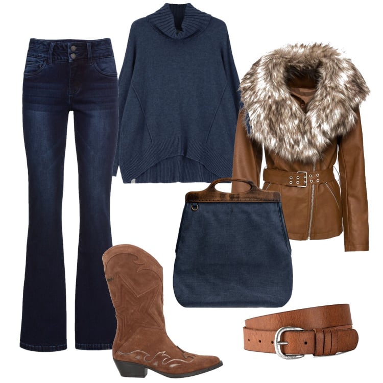Outfit donna - Informale attenta ai dettagli. Stile Urban per Tutti i giorni. Abbinamento con jeans bootcut, cinture, blazer, stivali, maglieria, borse a tracolla.