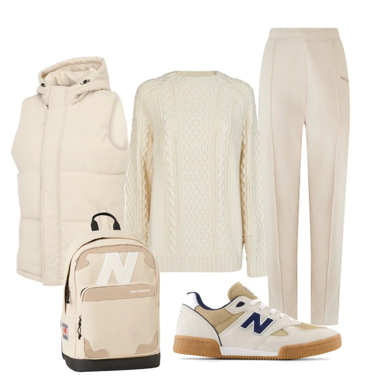 Outfit donna - Bianco panna sporty chic. Stile Sporty chic per Tutti i giorni. Abbinamento con sneakers, zaini, gilet, pantaloni, maglieria.
