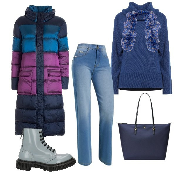Outfit donna - In citta\' a Dicembre. Stile Urban per Tutti i giorni. Abbinamento con maglieria, anfibi, piumini, jeans, borse tote, sciarpe.
