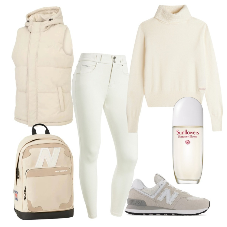 Outfit donna - Total white. Stile Casual per Tutti i giorni. Abbinamento con profumi, zaini, gilet, sneakers, pantaloni skinny, maglieria.