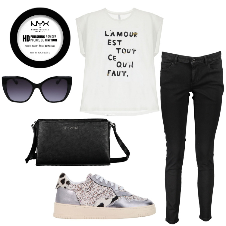 Outfit donna - L\'amour. Stile Urban per Tutti i giorni. Abbinamento con ciprie, sneakers, maglieria, jeans skinny, borse a tracolla, occhiali da sole.