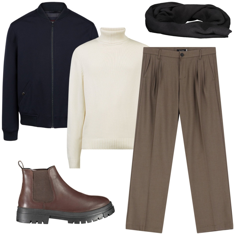 Outfit uomo - La dolcevita bianca. Stile Business/Elegante per Ufficio. Abbinamento con pantaloni, maglieria, bomber, stivali, sciarpe.