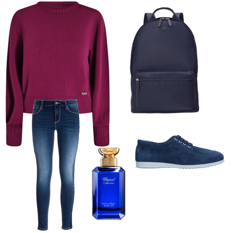 Outfit donna - Note profumate blu. Stile Casual chic per Tutti i giorni. Abbinamento con sneakers, profumi, maglieria, jeans skinny, zaini.