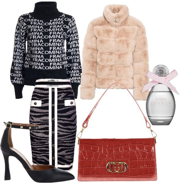 Outfit donna - caldo e chic. Stile Chic per Tutti i giorni. Abbinamento con ecopellicce, profumi, borse a tracolla, gonne longuette, maglieria, décolleté.