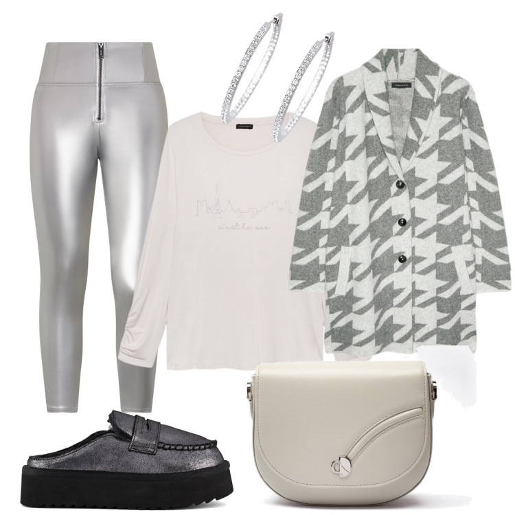 Outfit donna - Grigio argento e bianco. Stile Minimal per Serata fuori. Abbinamento con orecchini, pantaloni skinny, mocassini, t-shirt, cardigans, borse a tracolla.