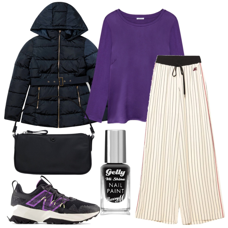 Outfit donna - Sporty chic. Stile Sporty chic per Tutti i giorni. Abbinamento con pantaloni, smalti, blazer, sneakers, pochette, t-shirt.
