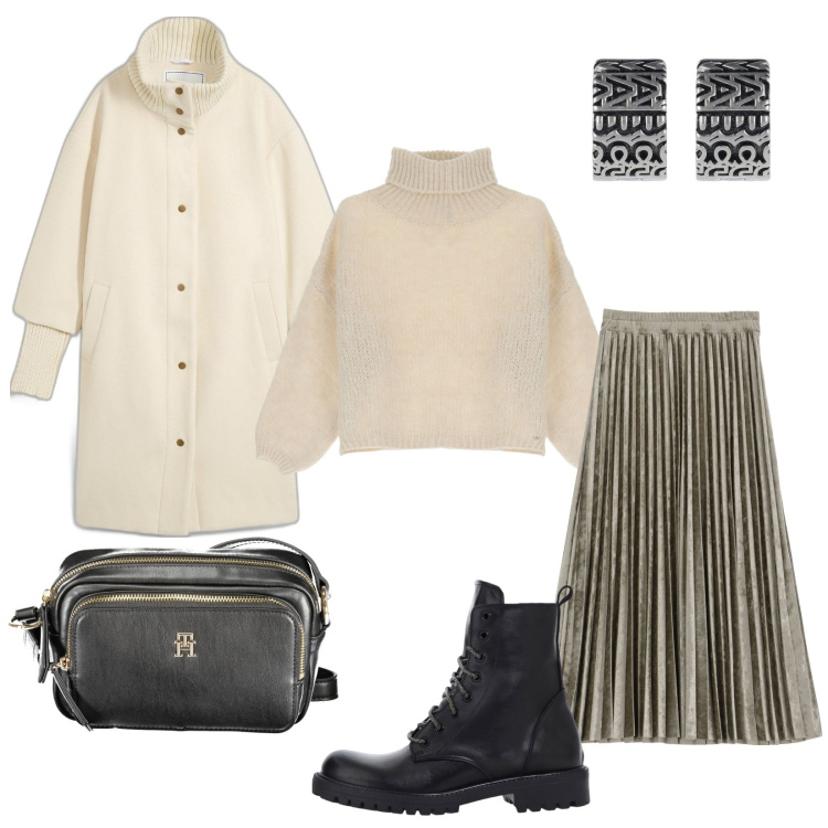 Outfit donna - Winter Wonderland: a spasso per la città. Stile Trendy per Tutti i giorni. Abbinamento con cappotti, maglieria, stivaletti, gonne longuette, borse a tracolla, orecchini.