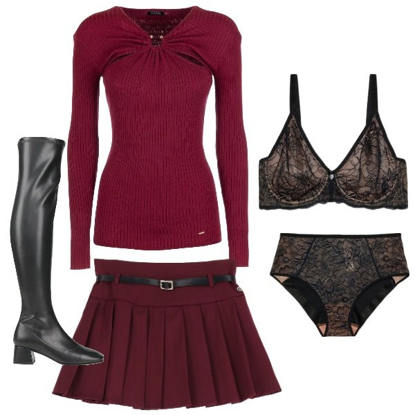 Outfit donna - Oggi shopping. Stile Urban per Serata fuori. Abbinamento con stivali sopra il ginocchio, maglieria, minigonne, reggiseni, culotte.