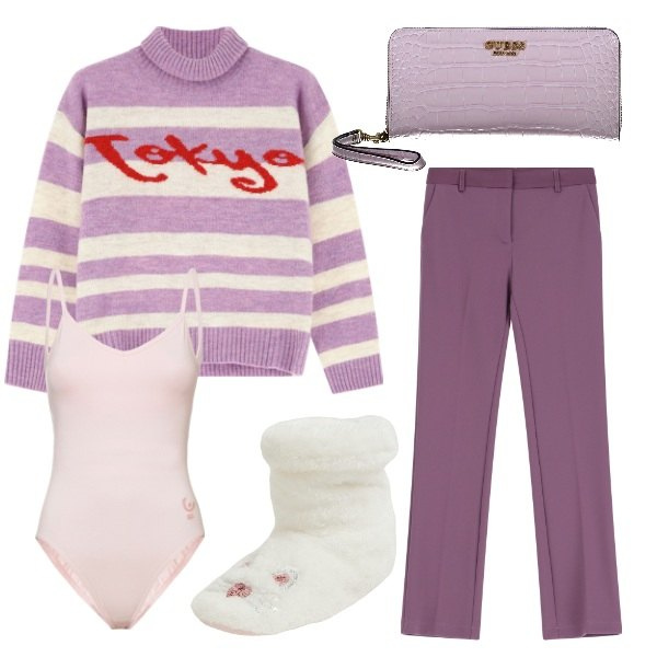 Outfit donna - Rimango a casa per le feste. Stile Casual per Tutti i giorni. Abbinamento con pantofole, pantaloni, maglieria, body, portafogli.