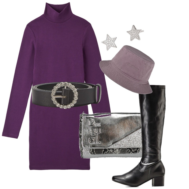 Outfit donna - Accessori sberluccicanti. Stile Chic per Tutti i giorni. Abbinamento con stivali, vestiti midi/longuette, cinture, orecchini, cappelli, borse a spalla.