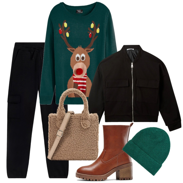 Outfit donna - A reindeer on the street. Stile Casual per Tutti i giorni. Abbinamento con stivaletti, maglieria, shopping bag, berretti, bomber, pantaloni cargo.