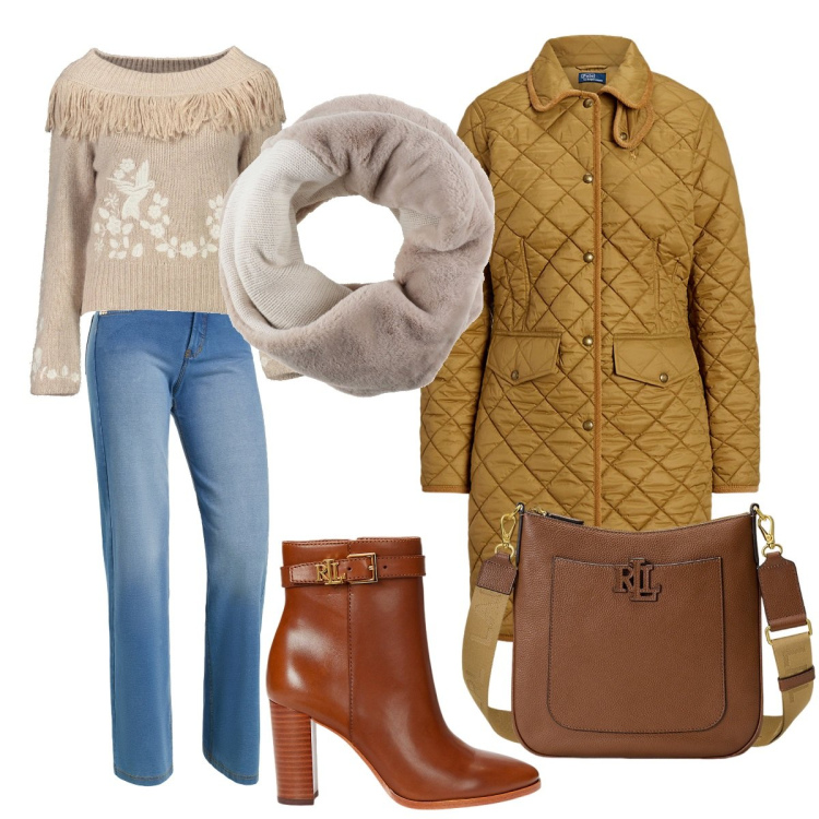 Outfit donna - Sportivamente Glamour. Stile Glamour per Tutti i giorni. Abbinamento con sciarpe, jeans, borse a tracolla, cappotti, stivaletti, maglieria.