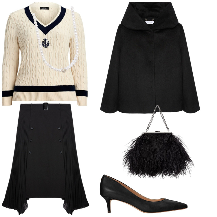 Outfit donna - Colazione da Tiffany. per Tutti i giorni. Abbinamento con collane, décolleté, maglieria, clutch, cappe, gonne longuette.