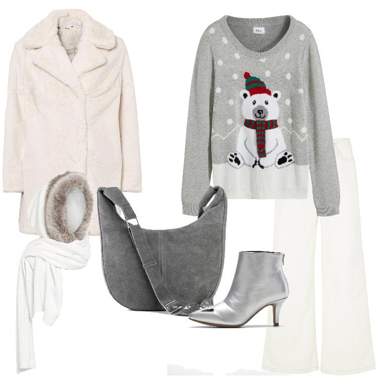 Outfit donna - Party in baita. Stile Casual chic per Serata fuori. Abbinamento con borse a mano, maglieria, pantaloni, ecopellicce, stivaletti, sciarpe.