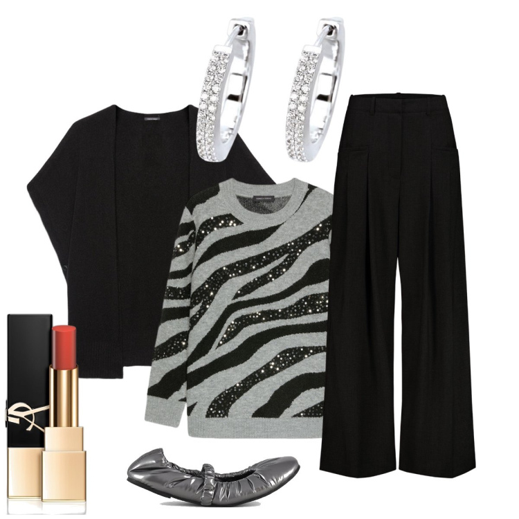 Outfit donna - Serata…. Stile Chic per Serata fuori. Abbinamento con rossetti, orecchini, ballerine, maglieria, pantaloni, cappe.
