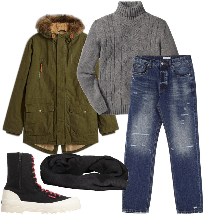 Outfit uomo - La dolcevita pesante. Stile Trendy per Ufficio. Abbinamento con maglieria, parka, anfibi, jeans dritti, sciarpe.