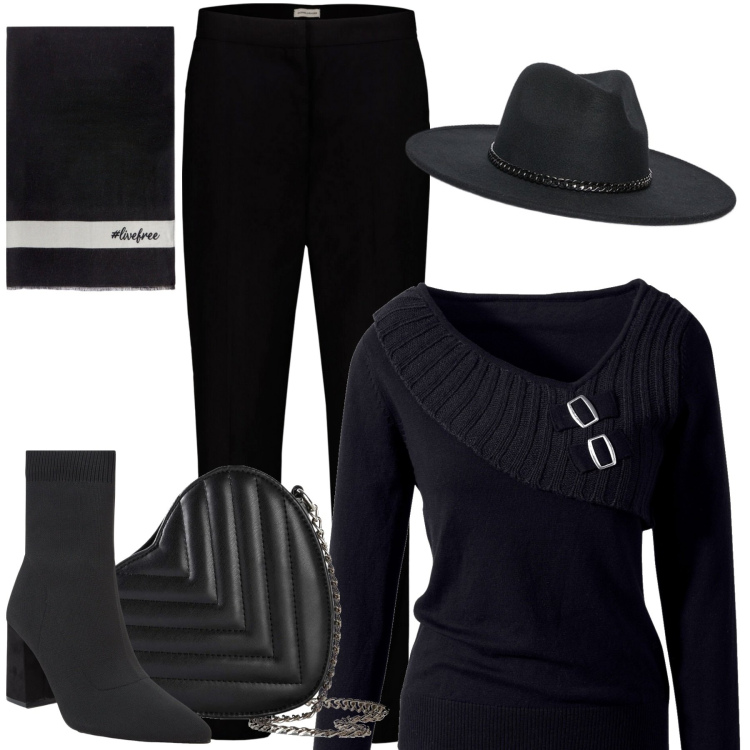 Outfit donna - Total black. Stile Casual chic per Tutti i giorni. Abbinamento con maglieria, borse a tracolla, stivaletti, pantaloni, cappelli, sciarpe.