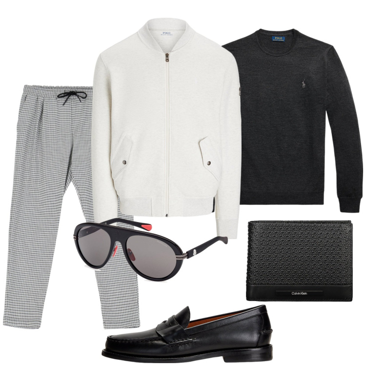 Outfit uomo - My trendy. Stile Trendy per Tutti i giorni. Abbinamento con pantaloni, scarpe stringate, maglieria, bomber, occhiali da sole, portafogli.