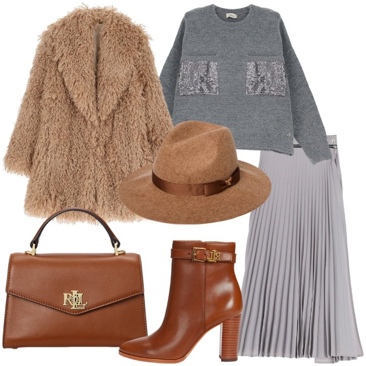 Outfit donna - Winter Wonderland. Stile Chic per Serata fuori. Abbinamento con gonne, ecopellicce, pullovers, borse a mano, stivaletti, cappelli.
