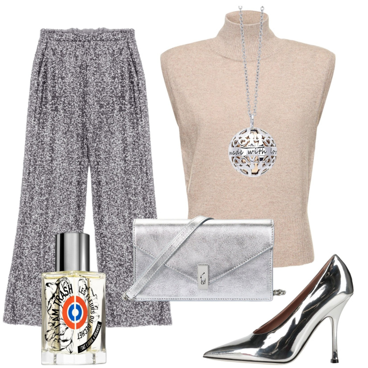 Outfit donna - Argento vivo. Stile Glamour per Serata fuori. Abbinamento con décolleté, profumi, collane, pantaloni a palazzo, clutch, maglieria.