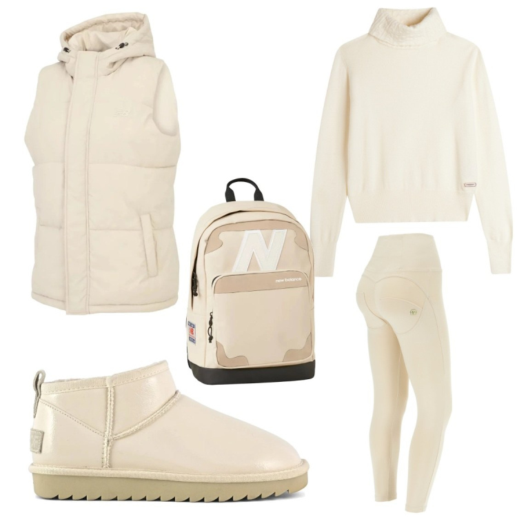 Outfit donna - Bianco invernale a dicembre. Stile Casual per Tutti i giorni. Abbinamento con zaini, gilet, maglieria, pantaloni skinny, stivali.