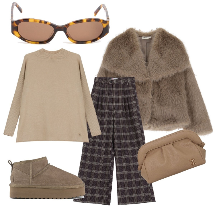 Outfit donna - Elegante con la pelliccia ecologica. Stile Chic per Tutti i giorni. Abbinamento con pantaloni, maglieria, borse a mano, ecopellicce, stivaletti, occhiali da sole.