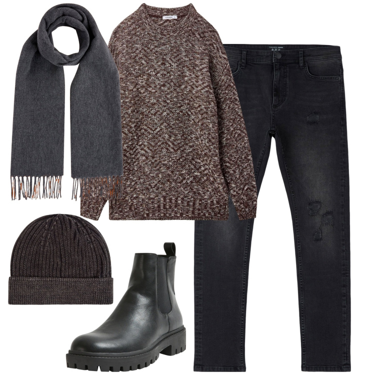 Outfit uomo - City. Stile Urban per Tutti i giorni. Abbinamento con jeans strappati, maglieria, stivali e stivaletti, berretti, sciarpe.