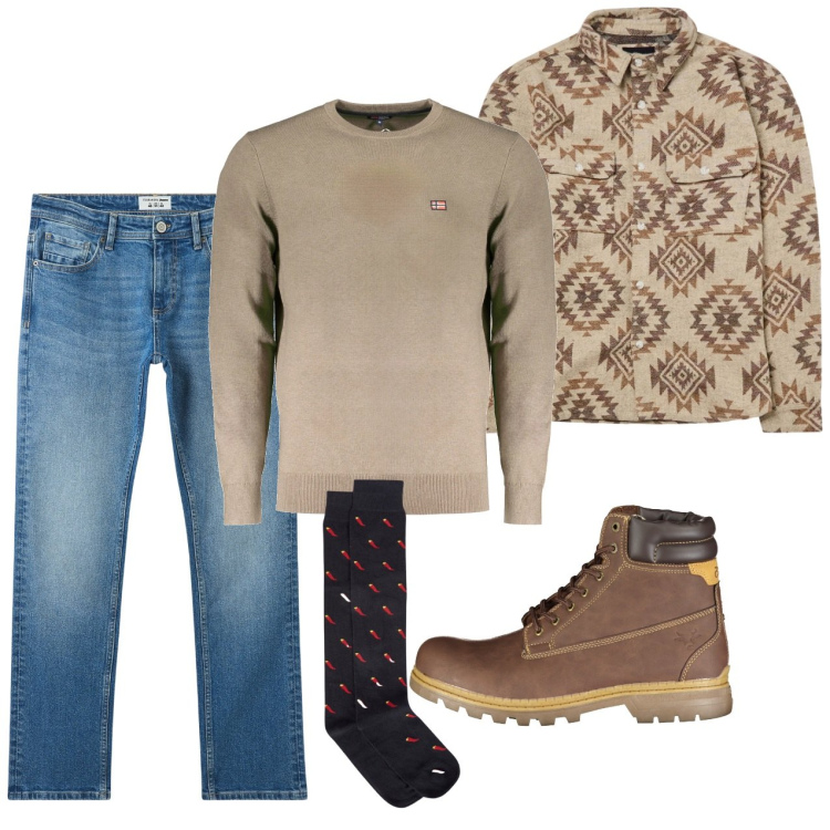Outfit uomo - Aperitivo. Stile Casual per Tutti i giorni. Abbinamento con jeans, cappotti, maglieria, stivali, calzini.