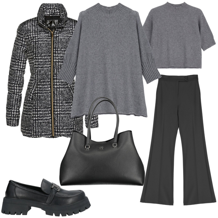 Outfit donna - A lavoro in grigio. Stile Bon Ton per Ufficio. Abbinamento con giacche, mocassini, pantaloni, cappe, maglieria, borse a spalla.