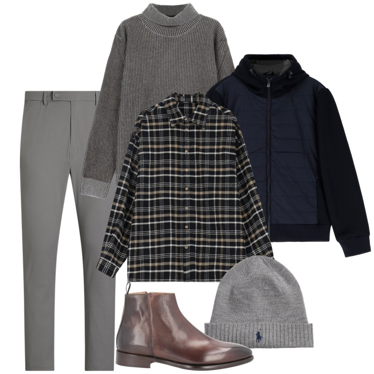 Outfit uomo - Strati e texture invernali. Stile Trendy per Tutti i giorni. Abbinamento con stivali e stivaletti, camicie, piumini, maglieria, berretti, pantaloni.