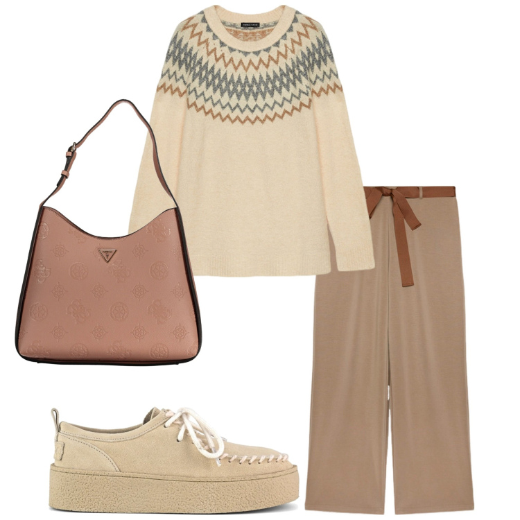 Outfit donna - Maglione oversize. Stile Casual per Tutti i giorni. Abbinamento con mocassini, borse a spalla, pantaloni, maglieria.