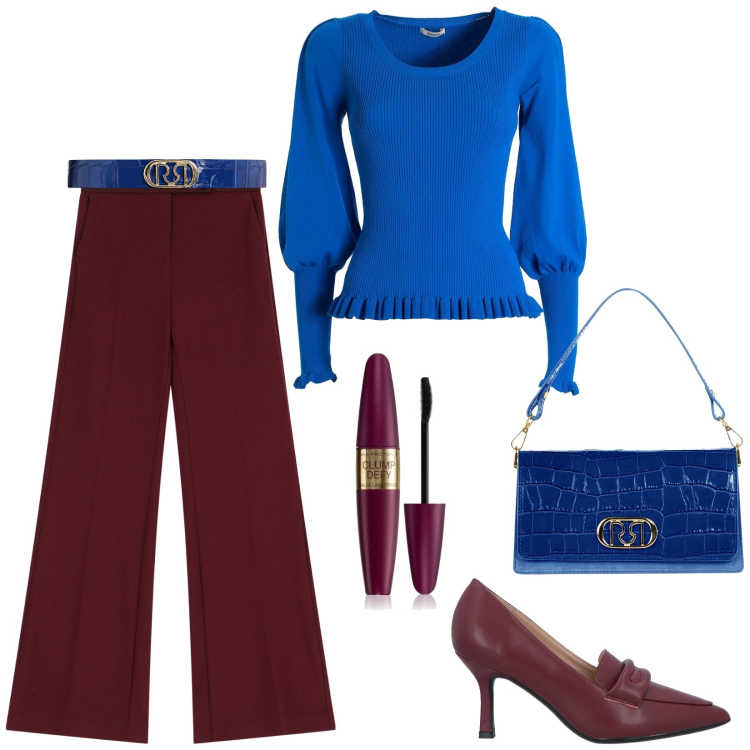 Outfit donna - Borgogna e blu elettrico. Stile Chic per Serata fuori. Abbinamento con mocassini, mascara, borse a tracolla, cinture, maglieria, pantaloni.