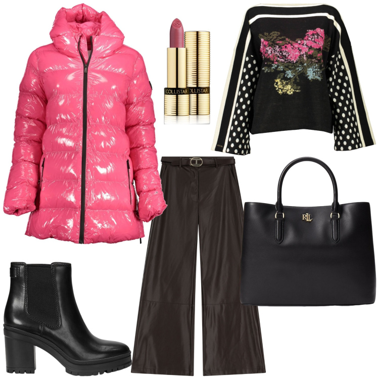 Outfit donna - Trendy chic premium. Stile Trendy per Tutti i giorni. Abbinamento con rossetti, pantaloni, borse a mano, stivaletti chelsea, maglieria, blazer.