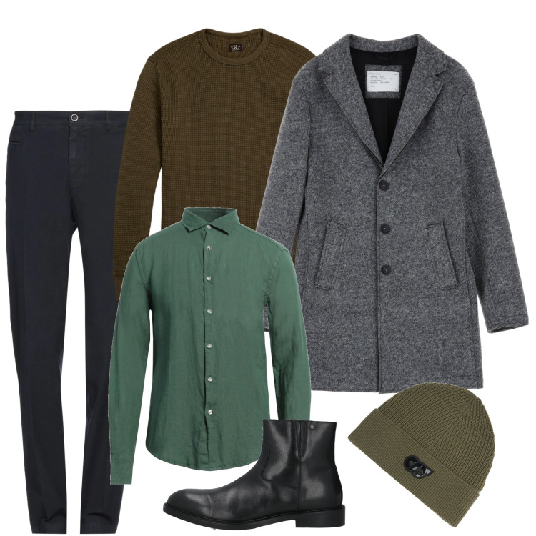 Outfit uomo - Strati e texture invernali. Stile Casual per Serata speciale. Abbinamento con camicie, stivali e stivaletti, pantaloni chino, cappotti, maglieria, berretti.