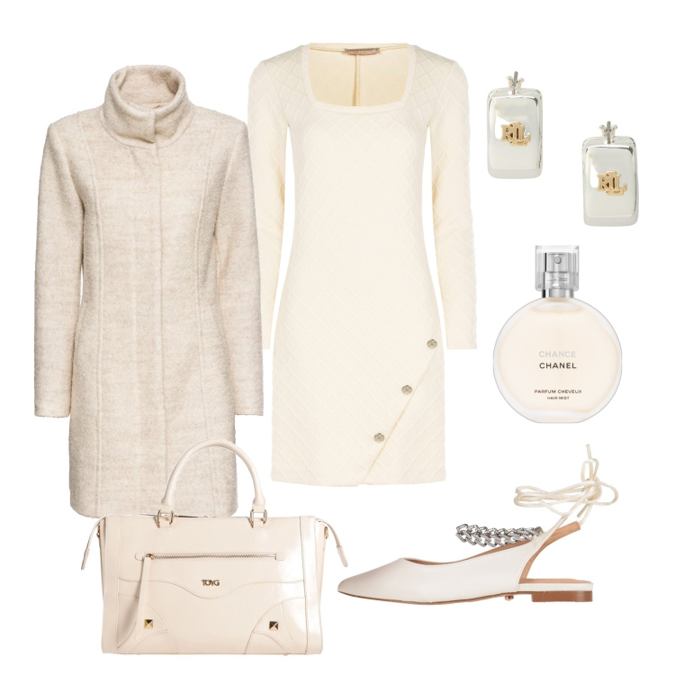 Outfit donna - Cena importante tra le feste. Stile Bon Ton per Serata fuori. Abbinamento con cappotti, ballerine, borse a mano, profumi, vestiti a tubino, orecchini.