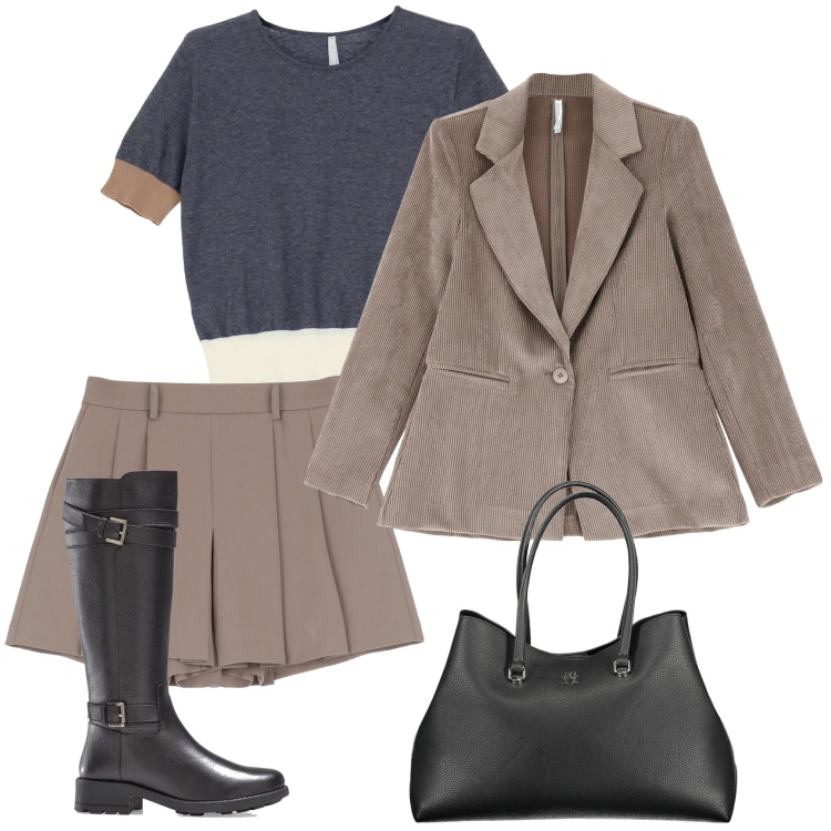 Outfit donna - In ufficio. Stile Casual chic per Ufficio. Abbinamento con stivali, gonne, blazer, maglieria, borse a spalla.